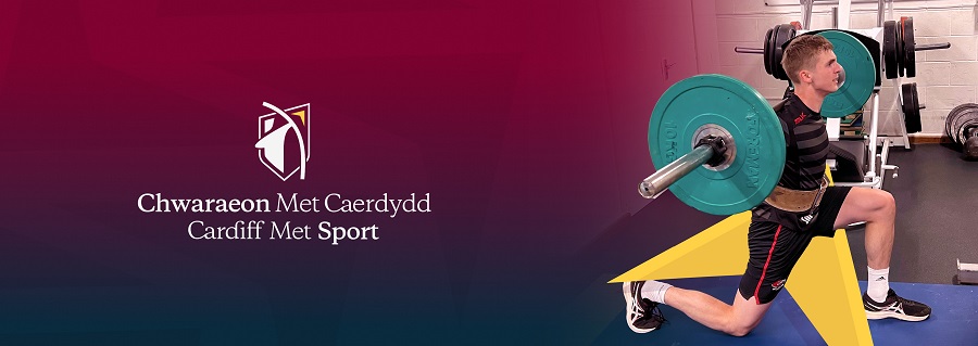 Cardiff Met Sport Display Banner with logo and student performing gym exercise