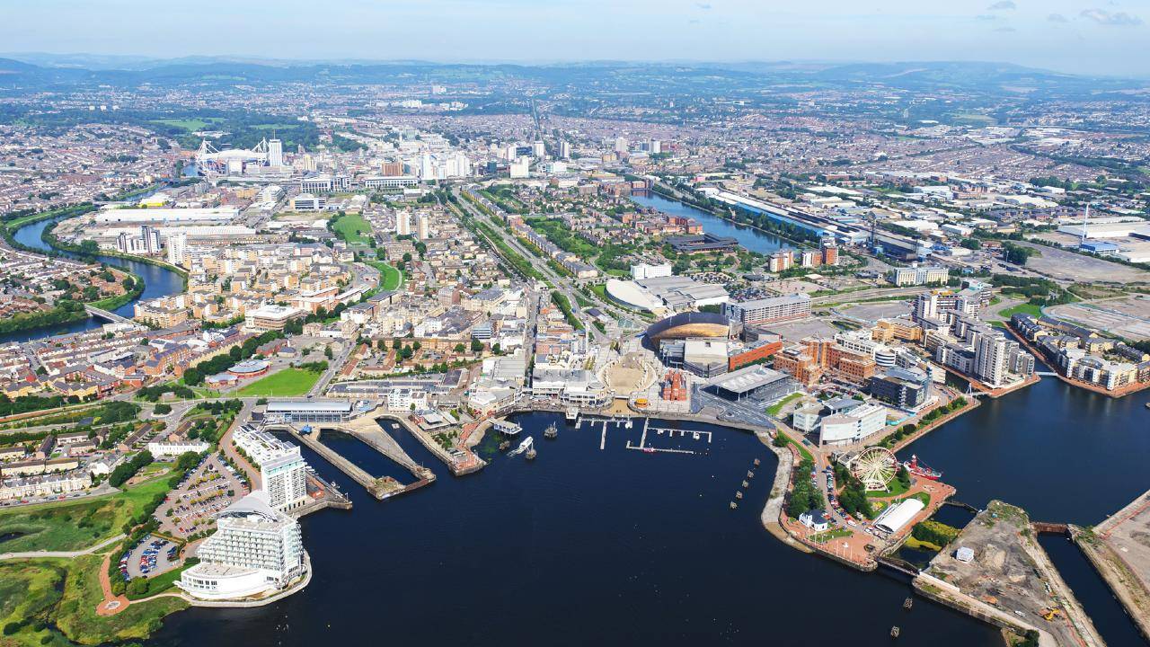 Aerial view of Cardiff from bay
