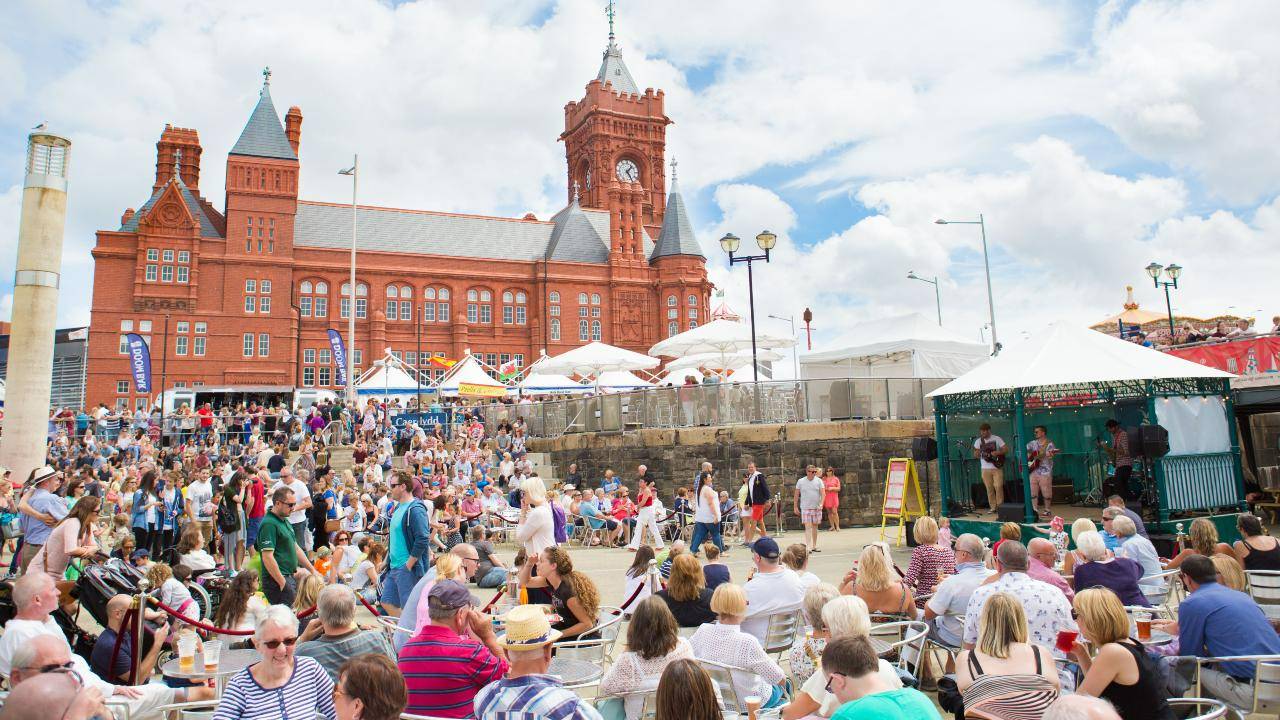 Crowds in front of Pierhead Building in Cardiff Bay