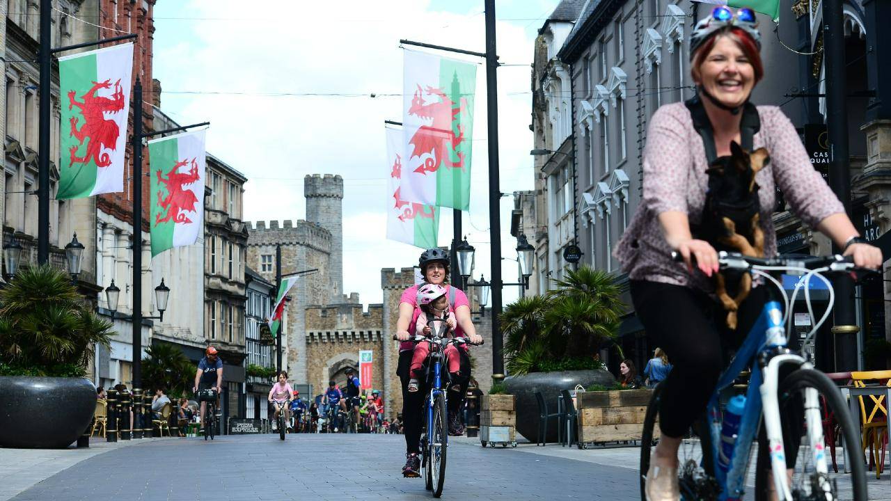 Cyclists in Cardiff city centre